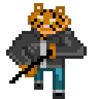 Pixel art of a anthropomorphic tiger in a leather jacket and jeans, facing a diagonal direction 