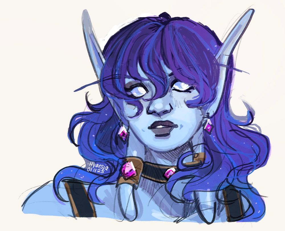 a messily rendered bust portrait of a void elf. she has pale blue skin; purple-indigo, wavy, balayage hair; with amethyst shard earrings, choker and head-tentacle bangles. her messy bangs cover some of her eyes as she smiles very slightly