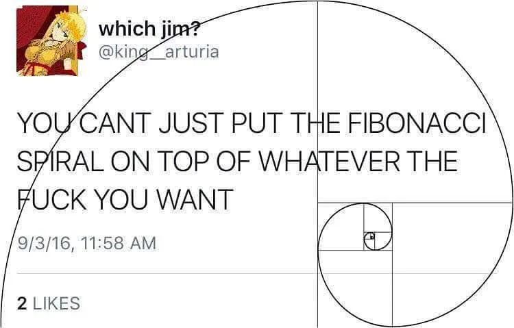 tweet: YOU CANT JUST PUT THE FIBONACCI SPIRAL ON TOP OF WHATEVER THE FUCK YOU WANT

superimposed is a golden spiral