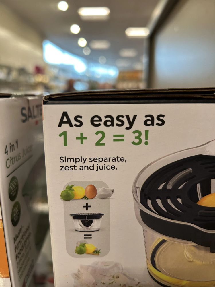 A citrus juicer that ways "As easy as 1 + 2 = 3!"