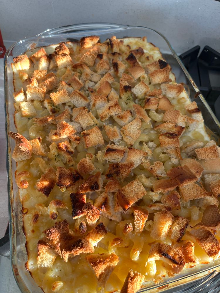 A huge dish of mac and cheese. Yes, that is a garlic baguette I chopped up and sprinkled on the top. It was delicious. 