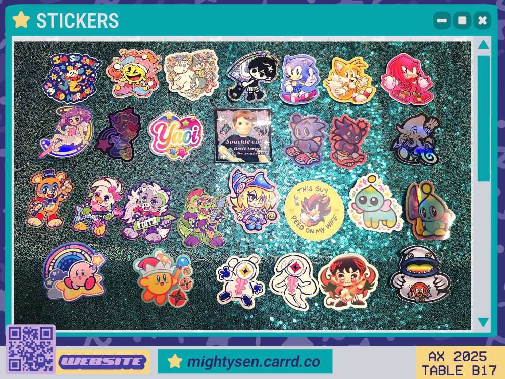 [4/4] mightysen at Anime Expo 2025's artist alley and their catalogue of items. Their table is located at B17 in Kentia Hall. This page of the catalogue shows the stickers available.