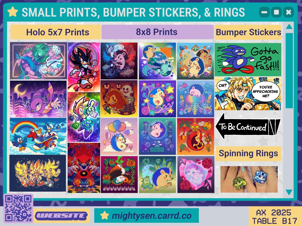 [2/4] mightysen at Anime Expo 2025's artist alley and their catalogue of items. Their table is located at B17 in Kentia Hall. This page of the catalogue shows the small prints, bumper stickers, and rings available.