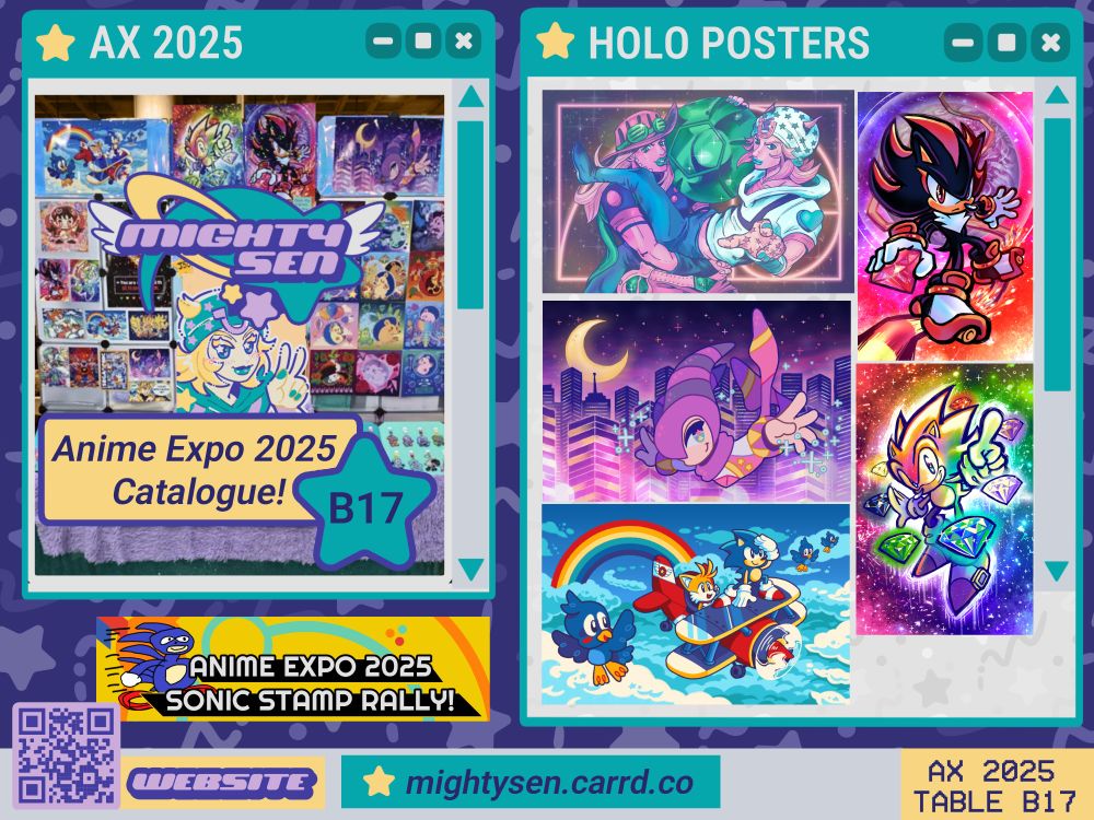 [1/4] mightysen at Anime Expo 2025's artist alley and their catalogue of items. Their table is located at B17 in Kentia Hall. This page of the catalogue shows the posters available.