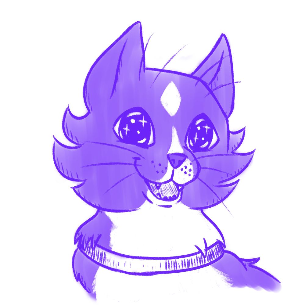 An image of Captain Morale, a tuxedo cat with a diamond-shaped forehead marking. He is looking off-camera with dilated starry eyes and his mouth open in a smile. The image is from the shoulders up and done entirely in purple tones.