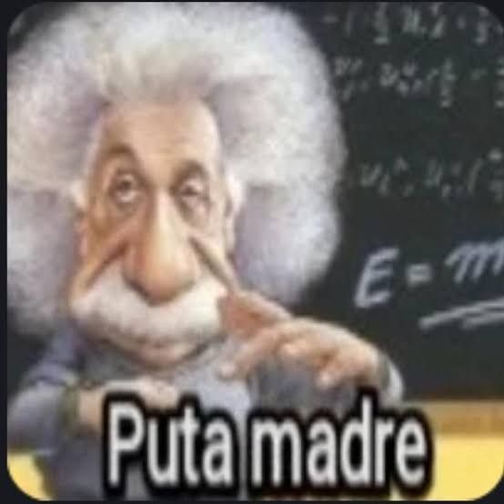 Caricatura deformada do Albert Einstein com texto na frente dizendo "Puta madre"