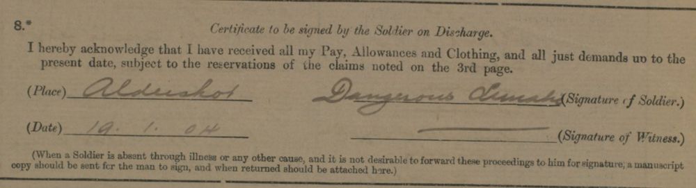 Signature reads Dangerous Lunatic on a 1904 Army Discharge paper. 