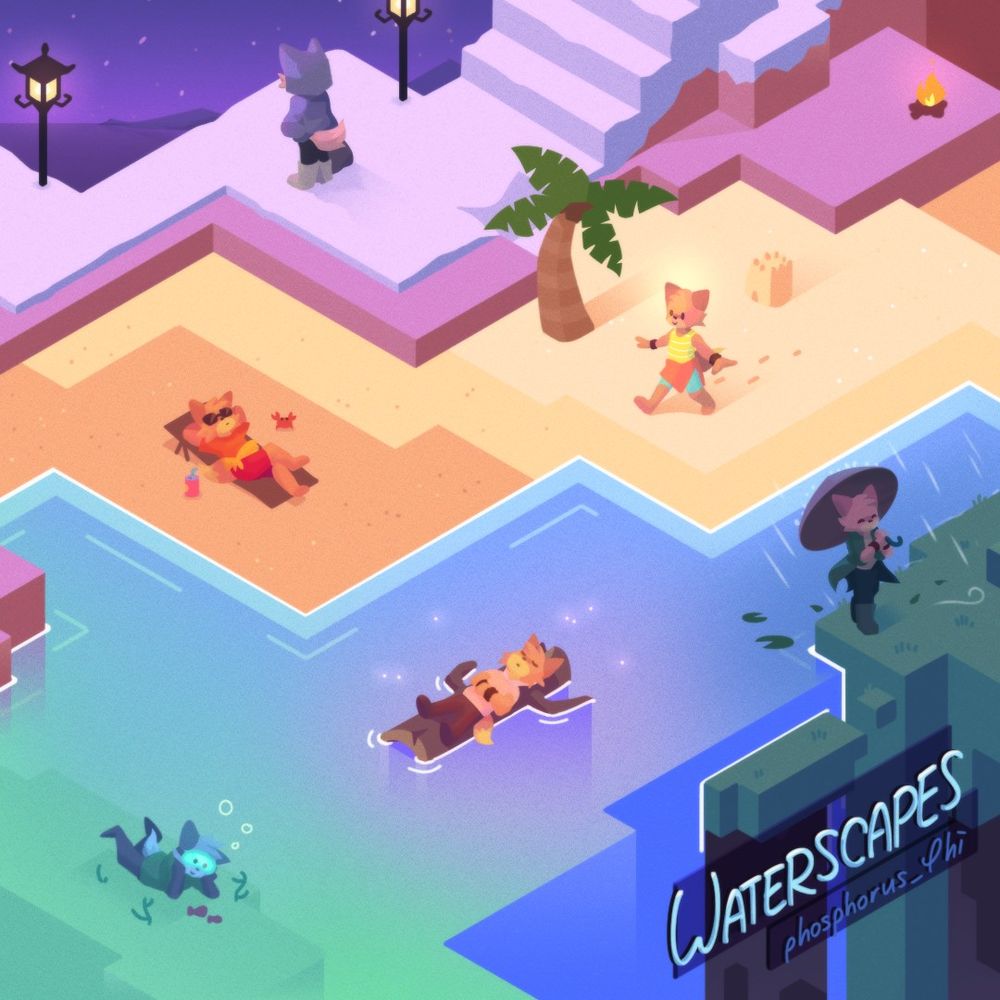Album cover titled "Waterscapes" by phosphorus_phi. Several anthropomorphic foxes are depicted in a blocky isometric environment: One is standing on a snowy mountain, two are walking and lying down at a beach, one is lying on a piece of driftwood over the ocean, one is diving underwater, and one is holding an umbrella while standing on a rainy grassy hill.