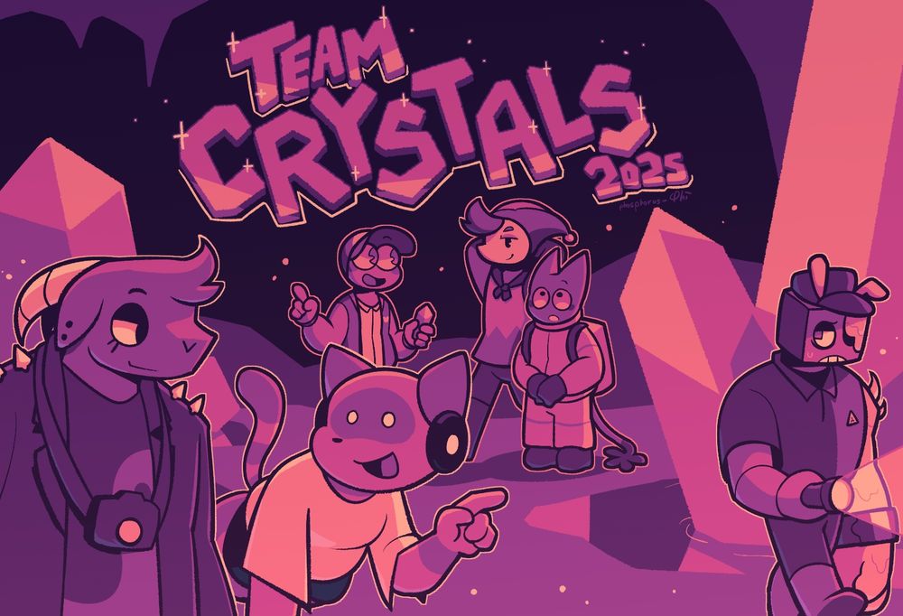 a limited palette drawing of several characters exploring a cave full of pink crystals. the text "team crystals 2025" is written on top.