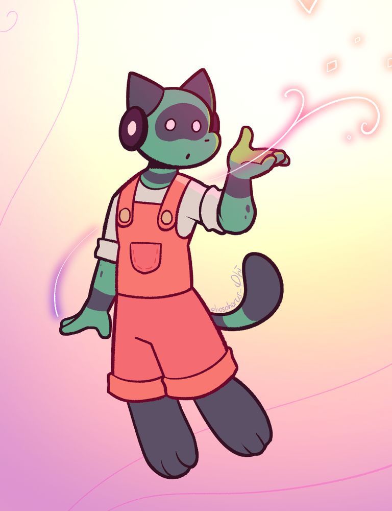 a cyan feline-like creature wearing a white shirt and pink overalls floats over a warm-colored background. it is blowing air at a string of light in its hand, which seems to spread outwards in a wavy pattern, scattering glowing particles into the air