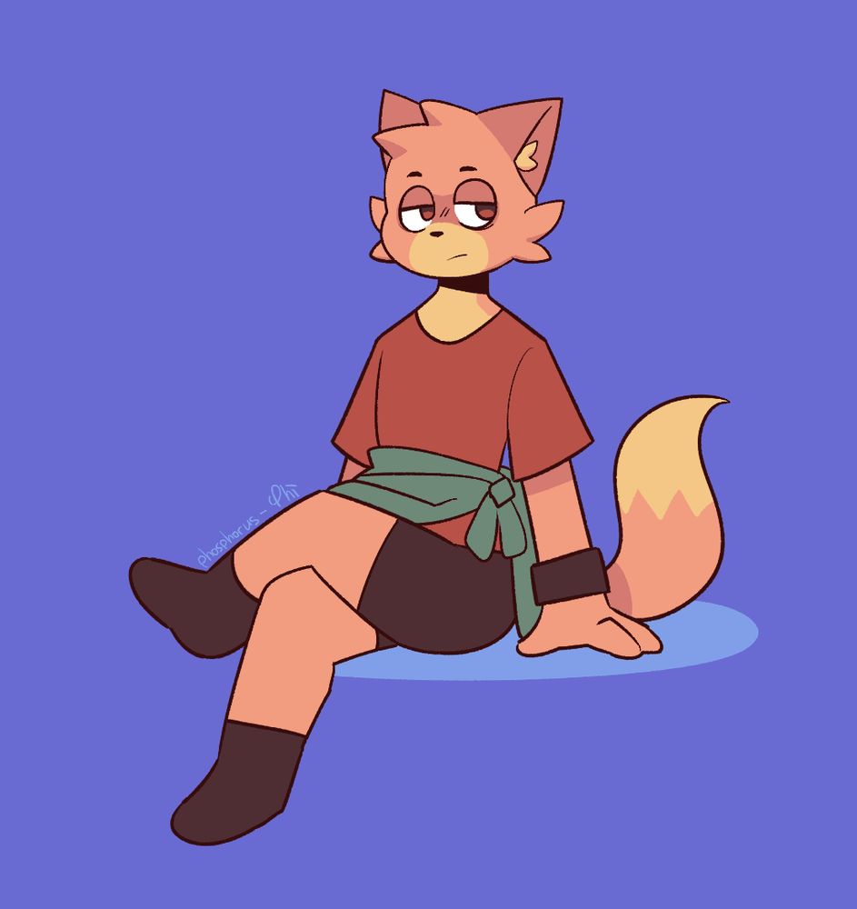 a drawing of an anthropomorphic fox, sitting with one leg over the other. they have a bored expression on their face.