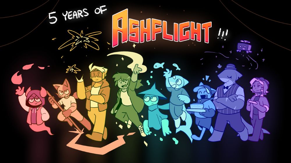 an illustration showing the main characters of ashflight, lined up to form a rainbow. the text at the top reads "5 years of ashflight!!!"