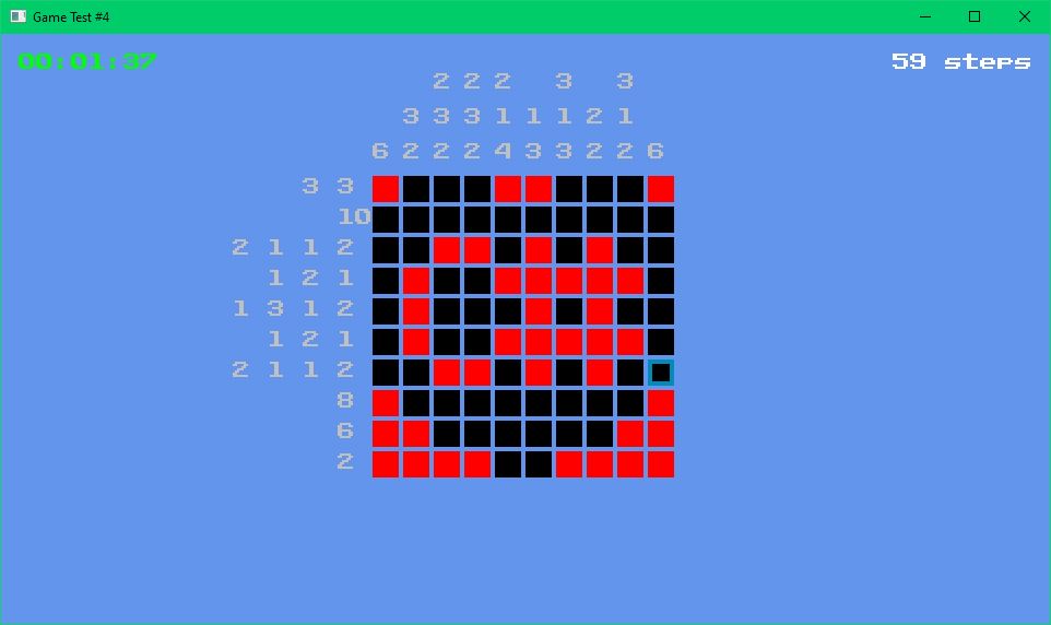 Screenshot of simple nonogram/Picross-like game, showing the finished puzzle, a heart with the text "C#" inside