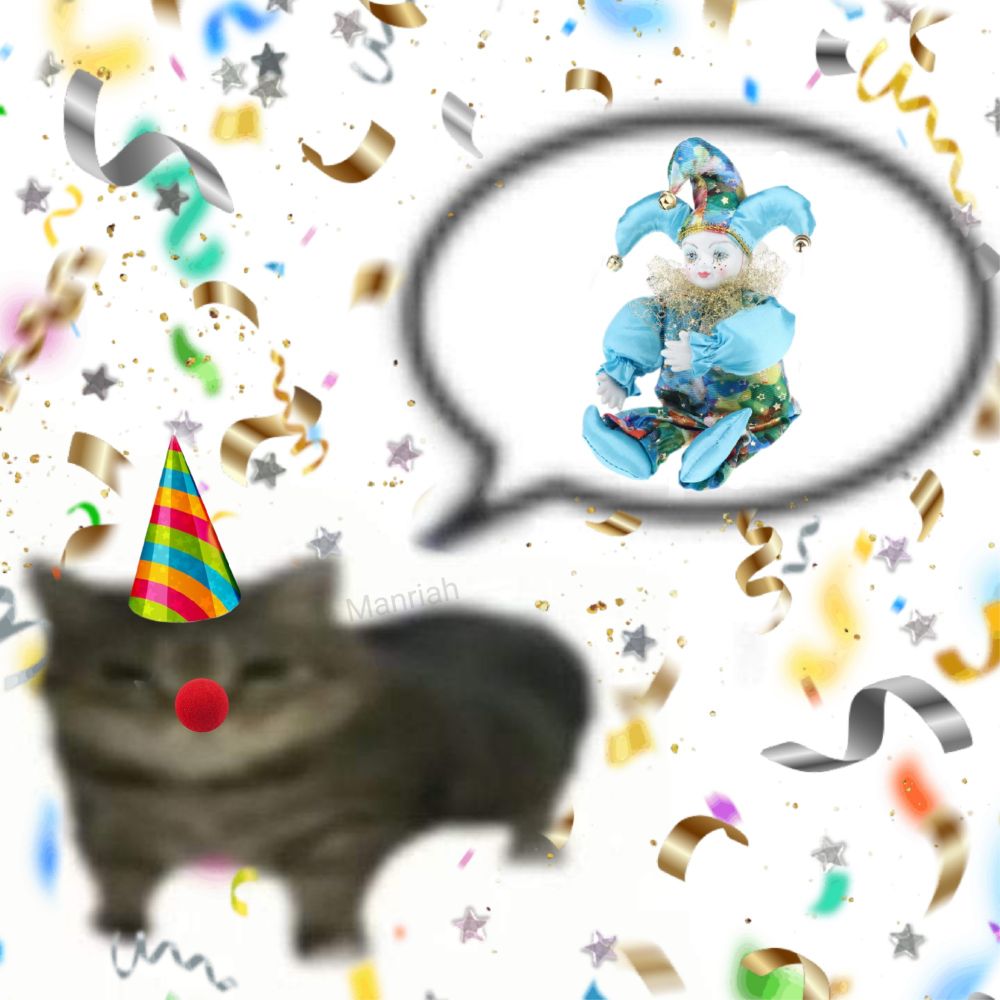 A small tabby cat wearing a party hat and clown nose surrounded by confetti with a speech bubble with a little porcelain clown doll in it. 