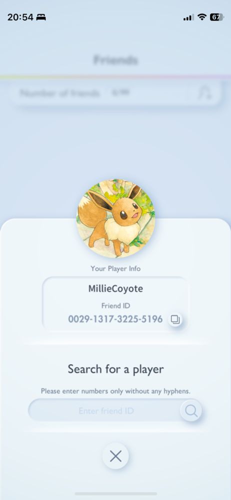 A screenshot from Pokemon TCG pocket showing our handle: MillieCoyote, and friend ID: 0029-1317-3225-5196