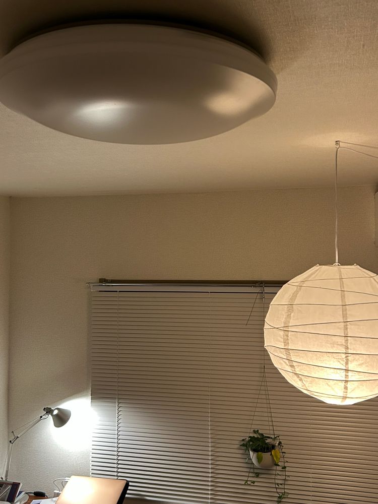 天井にシーリングライト、中央に円形のペンダントライト、下奥にデスクライトがある