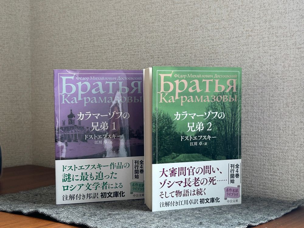 カラマーゾフの兄弟1,2の文庫本が壁際に立たされている