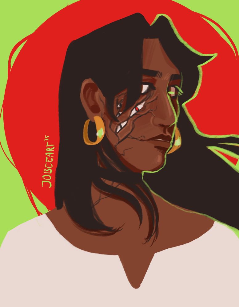 Digital illustration of a woman with brown skin and dark hair. She's looking to the left, part of her hair obscuring her right eye. There are dark veins and smaller eyes crawling up her cheek. The background is neon green with a bright red halo behind her. It is signed 'JOBEEART 25'.