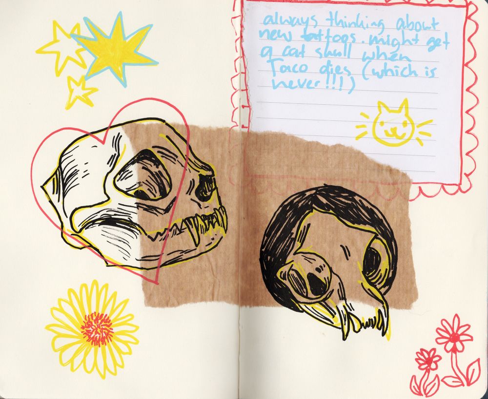 Sketchbook page with two cat skulls, some flowers, stars, and the text, "always thinking about tattoos. might get a cat skull when Taco dies (which is never!!!)".