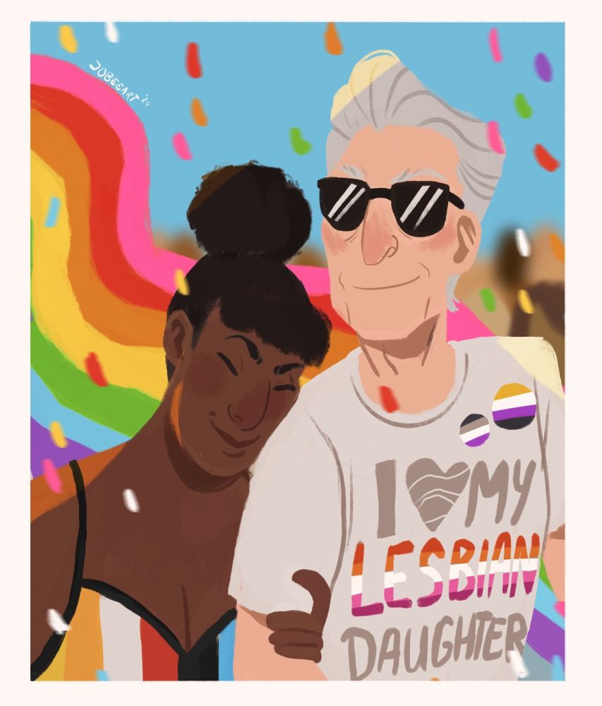 Digital illustration of the Twelfth Doctor and Bill Potts. Bill is a black woman with her hair in a bun, wearing a rainbow top. She is leaning against the Doctor. The Doctor is an older white man with sunglasses on. He is wearing a white shirt that says 'I love my lesbian daughter', with the word 'lesbian' in the colours of the lesbian flag. They are both smiling, Bill with her eyes closed. The background is a blue sky with a rainbow flag. There is colourful confetti flying across the image.