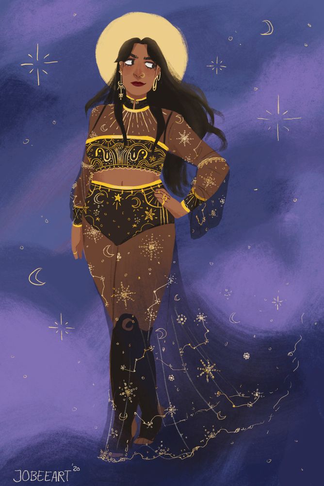 Digital illustration of a woman in a black and gold outfit. She has long hair, brown skin and wears lots of gold jewellery. The skirt of her outfit is sheer and embroidered with stars and moons. The background is purple clouds with golden stars. She has a golden halo behind her head. It is signed JOBEEART '20.
