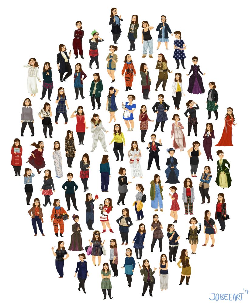 A collection of drawings of every outfit worn by Clara Oswald in Doctor Who.