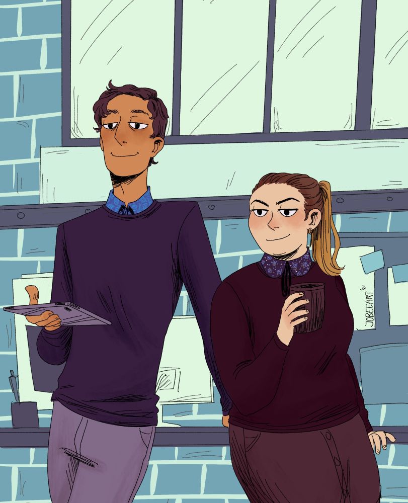 Digital illustration of Brad Bakshi and Jo from Mythic Quest. Brad is a tall, brown-skinned man with dark curly hair. He is wearing a dark purple sweater and grey trousers and has an ipad in his right hand. His other hand is leaning on a desk.
Jo is standing next to him with a cup of coffee in her hand. She is a white woman with blonde hair in a ponytail. She is wearing a dark red jumper with a dark grey skirt. They are both looking off-screen with a smug smile on their faces.
Behind them is an office, tinted blue.