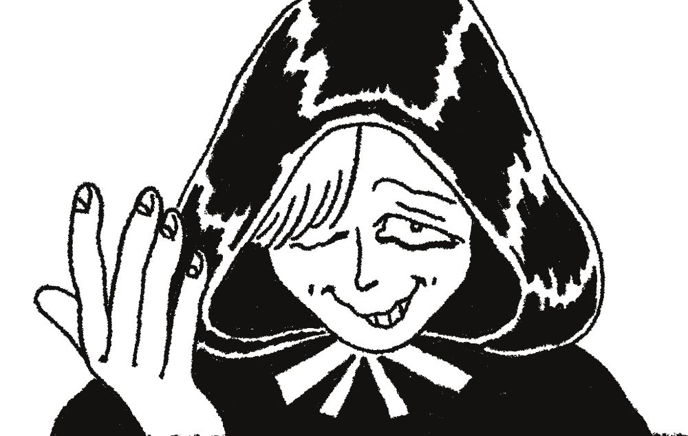 digital drawing of a mysterious human, wearing a big hood. their face has a suspicion expression. 