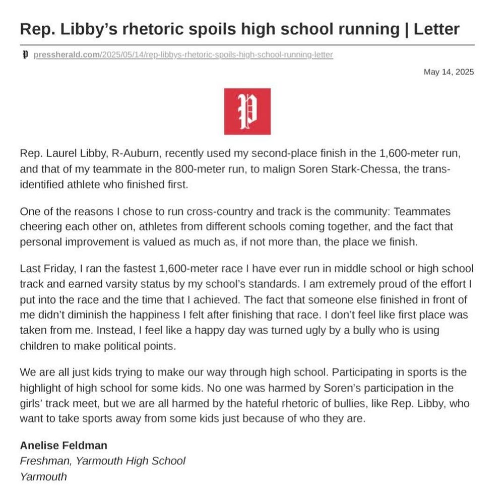 Image of a letter arguing that Rep. Laurel Libby, R-Auburn is a bully for making political points by attacking a trans-identifying athlete. 