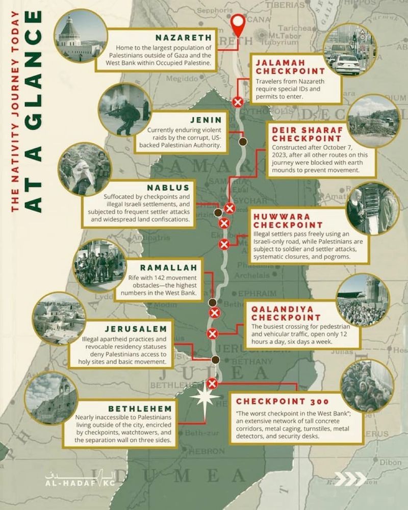 Map of the nativity journey from Nazareth through West Bank to Bethlehem and all the checkpoints along the way.