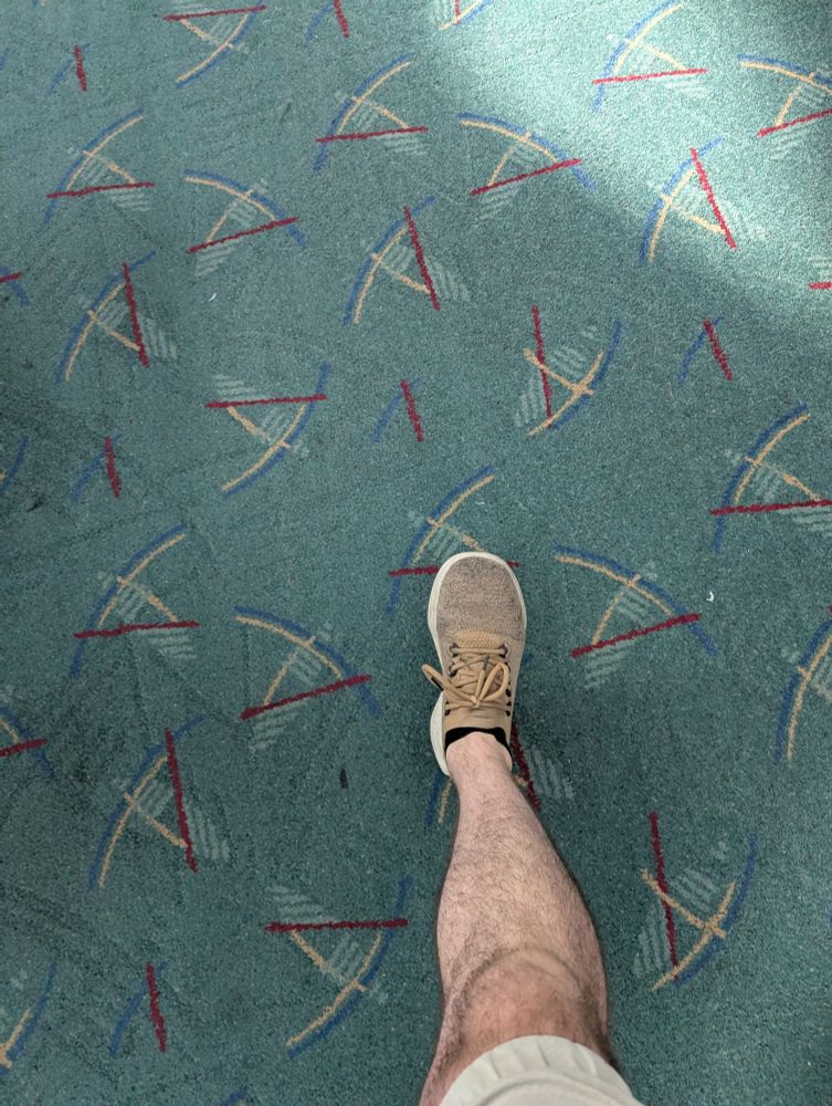 Picture of a sneakered foot striding onto the distinctive carpet at PDX