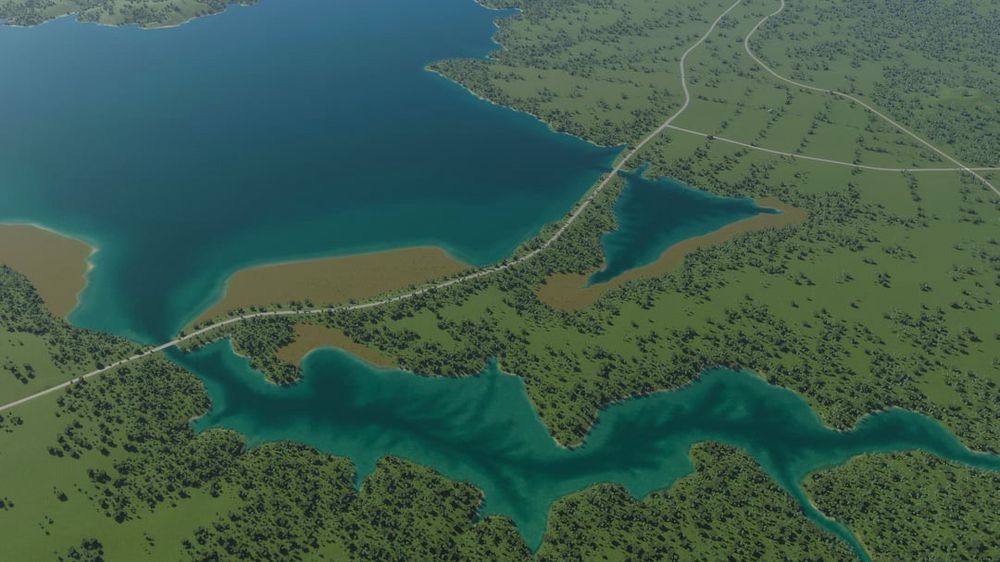 An aerial overview screenshot from the game Cities: Skylines II
