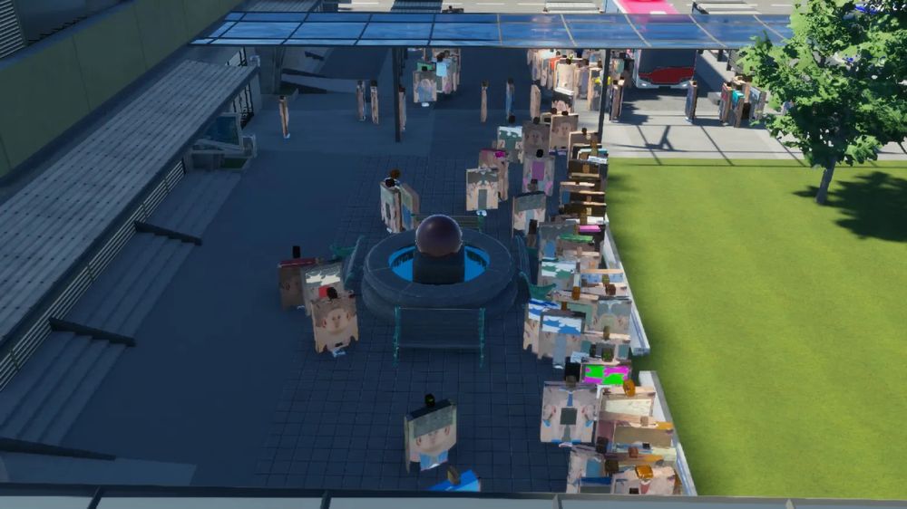 A screenshot from Cities: Skylines II. The citizens are large, flat blocks with the face textures stretched across the "torso"