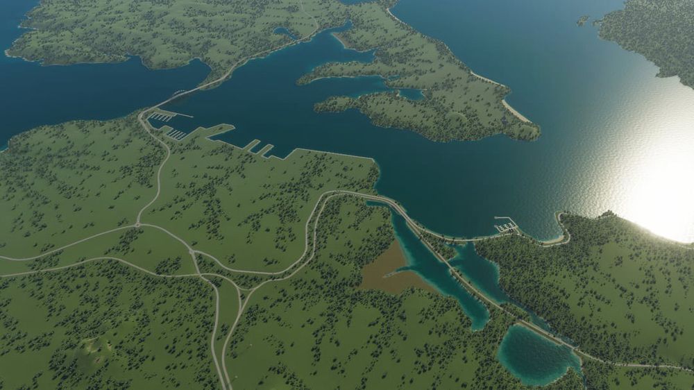 An aerial overview screenshot from the game Cities: Skylines II