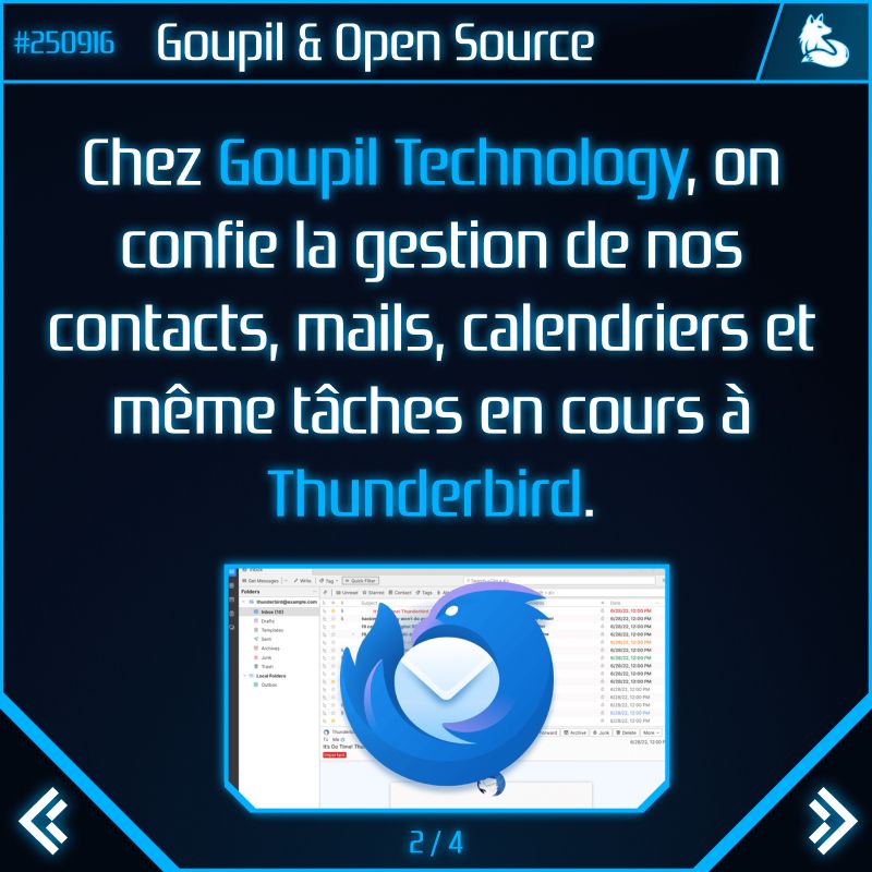 Chez Goupil Technology, on confie la gestion de nos contacts, mails, calendriers et même tâches en cours à Thunderbird.
Image : Une capture d'écran du logiciel montre des mails en arrière plan avec le logo en gros plan par dessus.