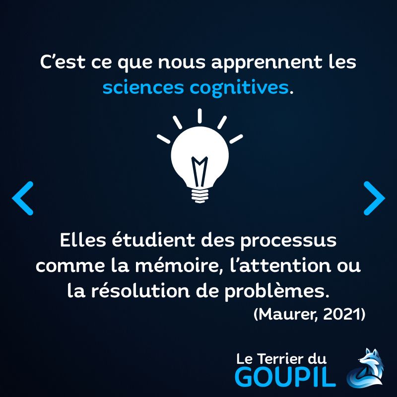 Texte : C'est ce que nous apprennent les sciences cognitives. Elles étudient des processus comme la mémoire, l'attention ou la résolution de problèmes. (Maurer, 2021)
Image : Entre les deux phrases, une icône d'ampoule allumée.
