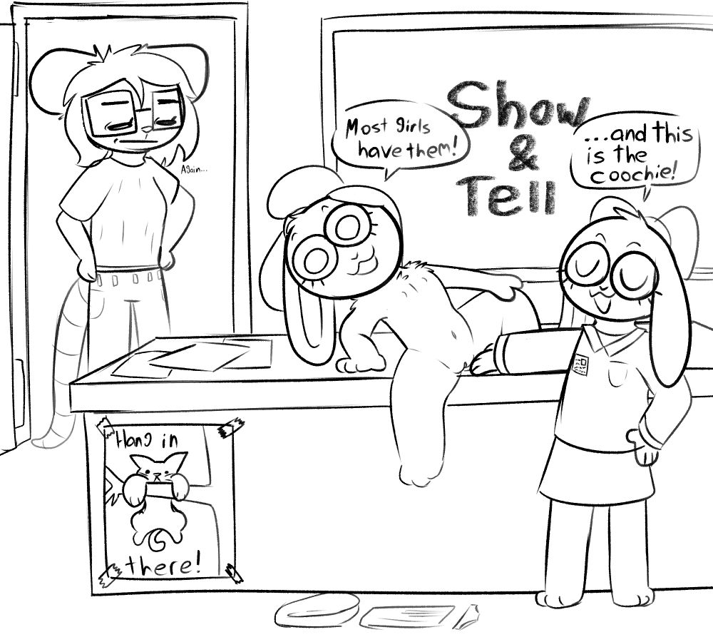 Twin sisters in class, one is sitting on the teachers desk naked, behind them is an open door with the teacher looking disappointed with her hands on her hips and a chalkboard with the text "Show & Tell" on it. The other sister is pointing to her sisters cunny saying "...and this is the coochie!" with the naked sister replying "Most girls have them!"