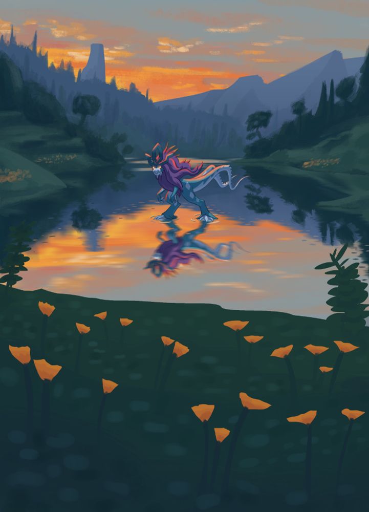 Stylized environment study of a lake with trees and mountains in the background. The sun is setting behind the mountains and the Pokemon Walking Wake is standing on the water.
