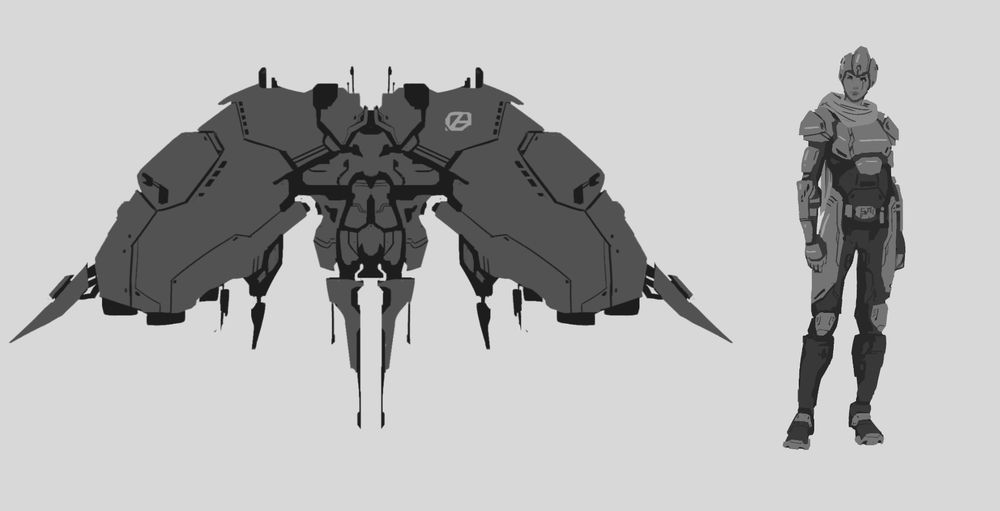 Greyscale concept art of a spaceship and a sci fi pilot