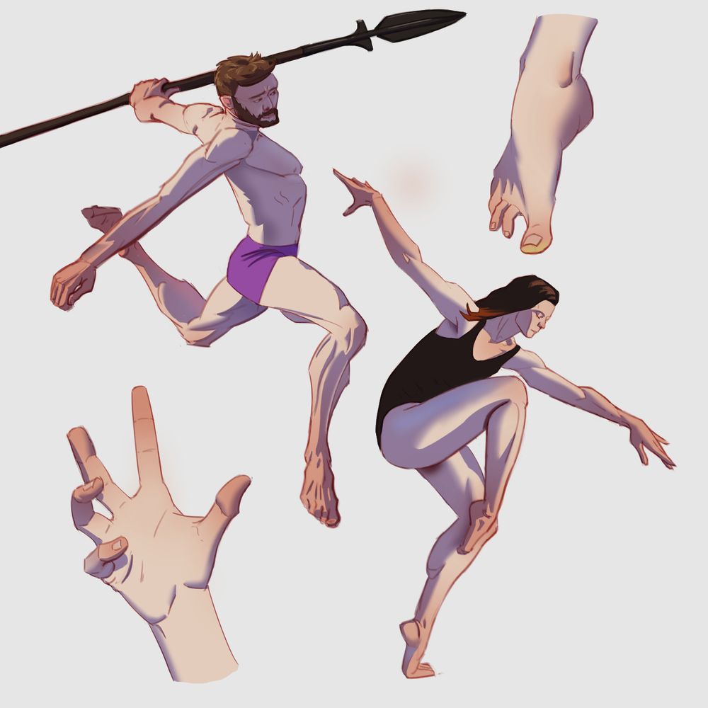Stylized anatomy drawings, two full body poses, one close up of a hand and a foot