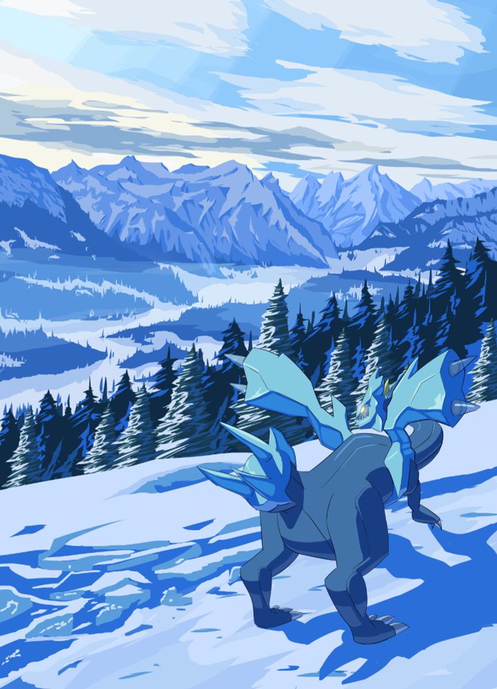 Stylized Artwork of Kyurem overseeing a snowy valley