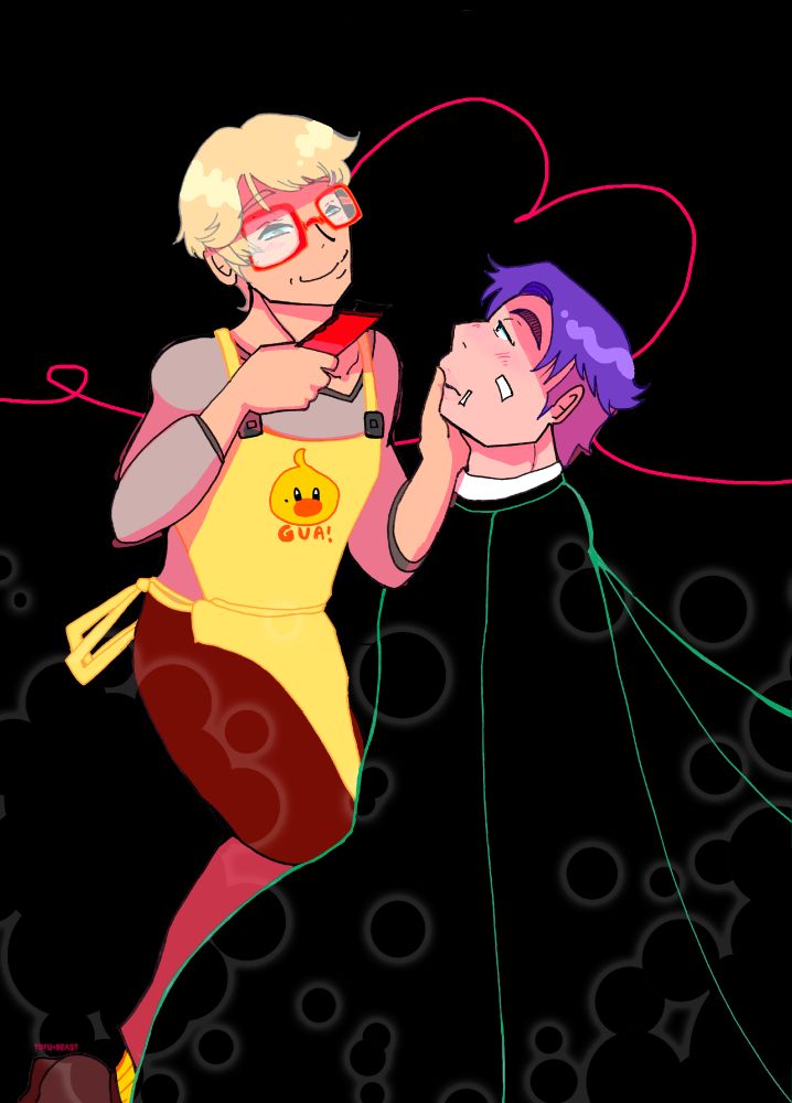 Kpop group member Tael as a hairdresser, crawling into the lap of Geon. The background behind them is black and simple, with a drawn red thread in the shape of a heart. 