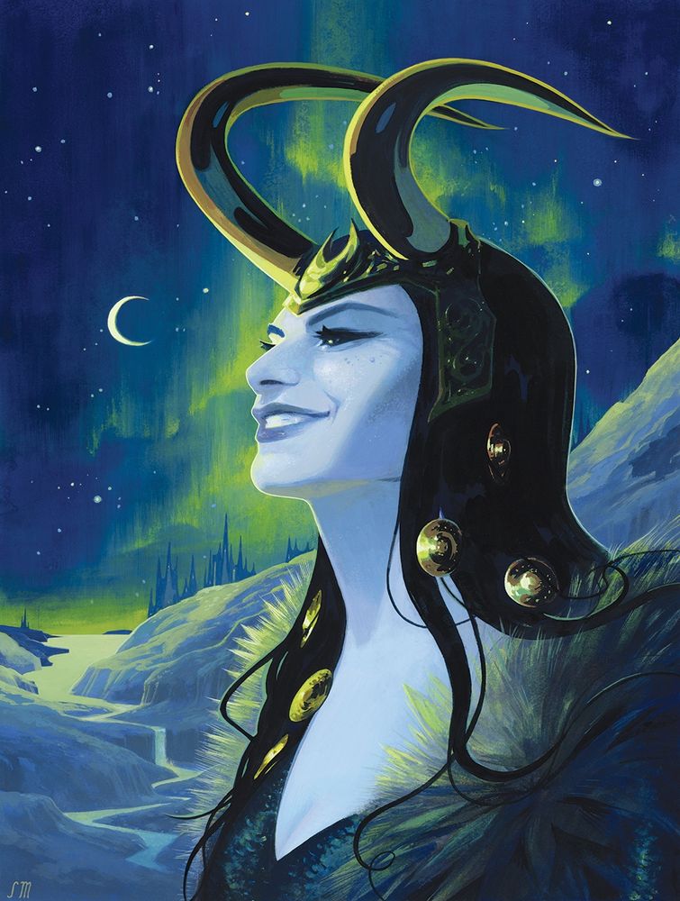 Lady Loki with a winter landscape behind her, northern lights illuminating the distance. 