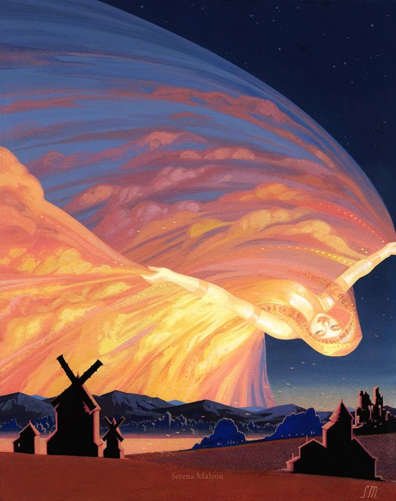 A personification of the Dawn rises over the horizon, dragging her cloak of clouds behind her. 