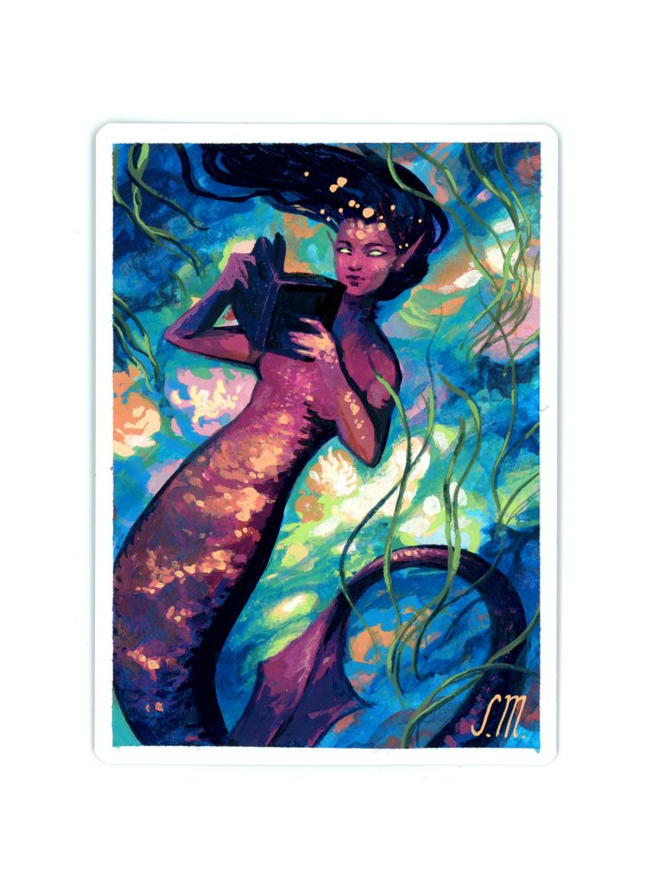 a merfolk lies on a coral floor, reading a book. 