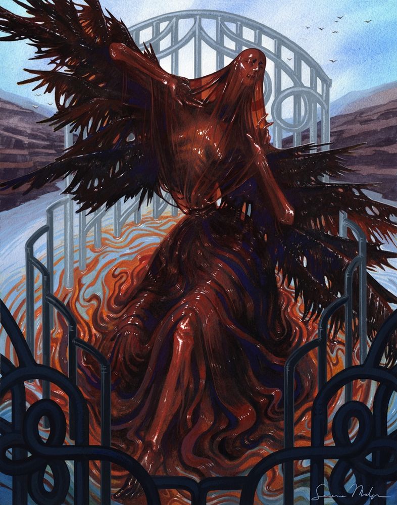 A skeletal angel with oil-covered wings emerges from a pond, surrounded by filigree pipework. 