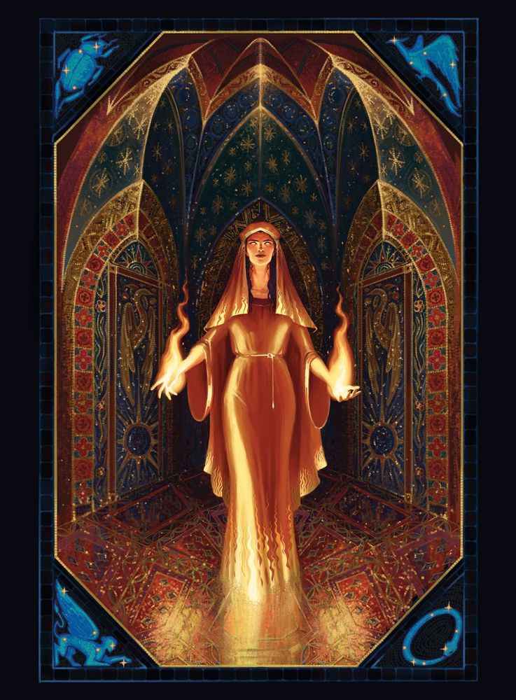 A fire-wielding priestess stands in the middle of a room of mosaics; the tiles glimmer in the light. The corners of the image are decorated with constellations. 