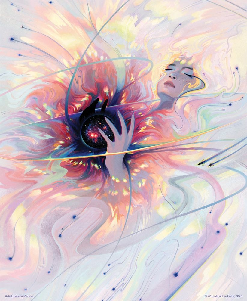 In a cosmic void, a woman lies holding a dark orb. The orb is heavy, its gravity drawing all of the light and heat from the universe around her. Stars, drained of their energy, stain the greying canvas of space. 