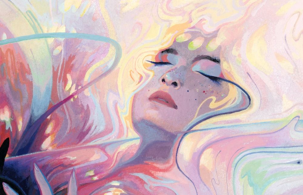 A dleeping woman surrounded by colourful waves of energy. 