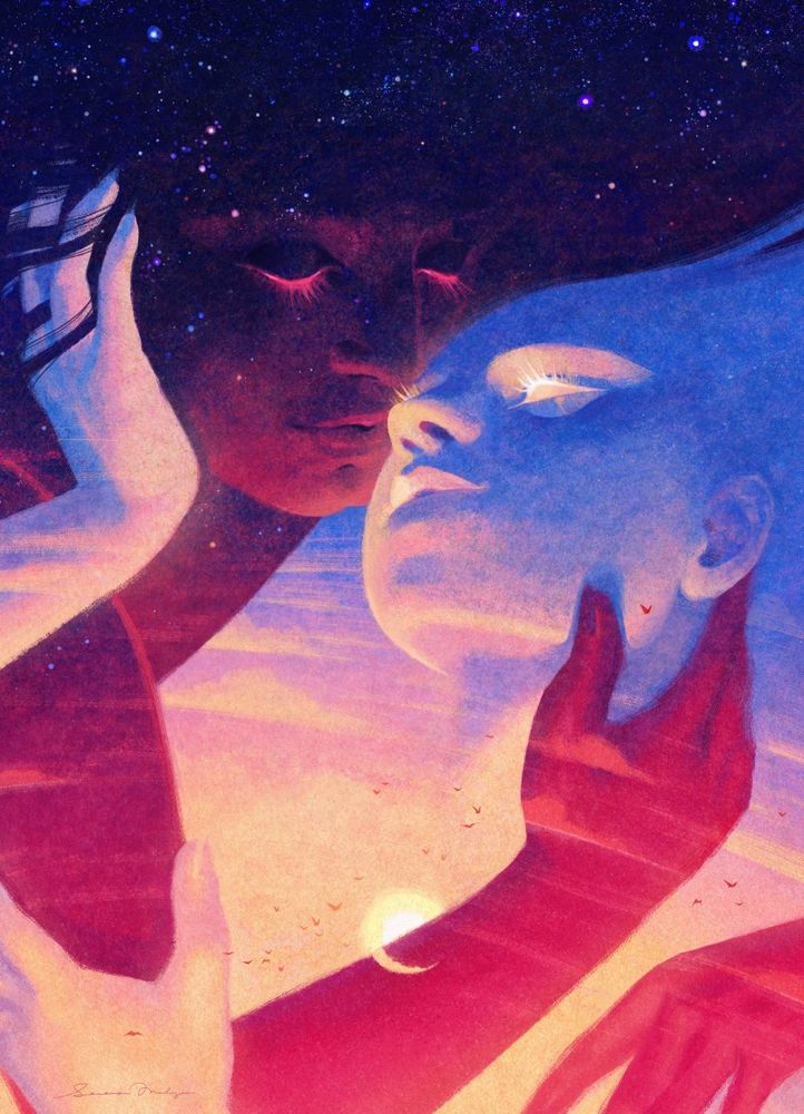 Dawn and dusk in perpetual embrace. Dawn is comprised of the colours of the pan pride flag, and dusk is in the colours of the bi pride flag. A personal piece. 